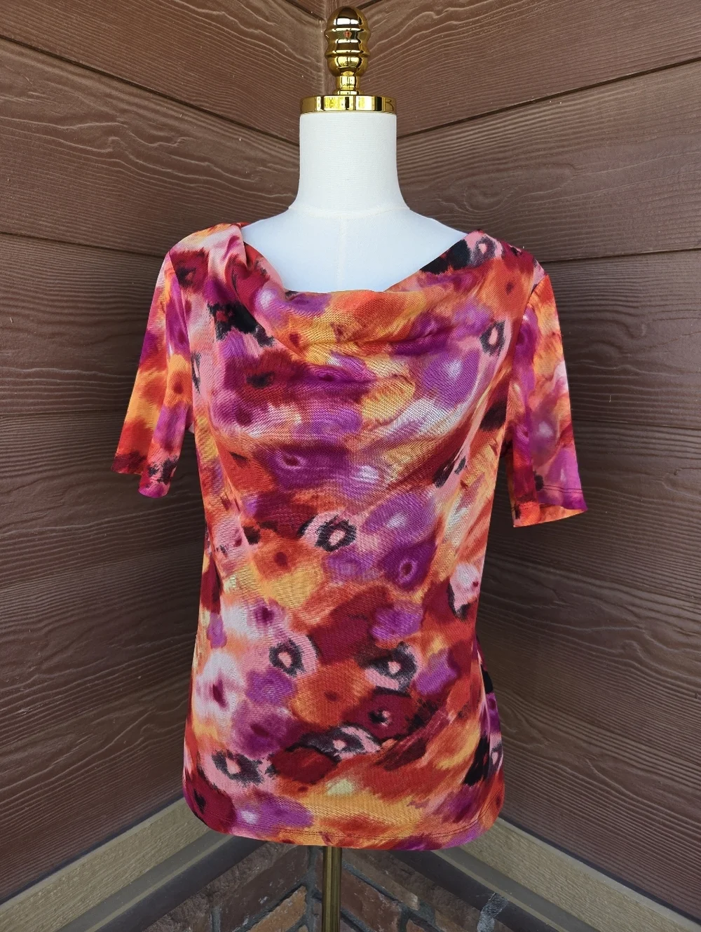 Ellen Tracy Stretch Colorful Mesh Floral Cowl Neck Women’s Top Size Medium NWOT